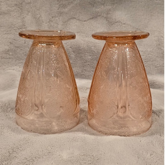 Vintage Jeannette Pink Cherry Blossom Tumblers 4.5" Scalloped Footed AOP Set of2 - Picture 3 of 4